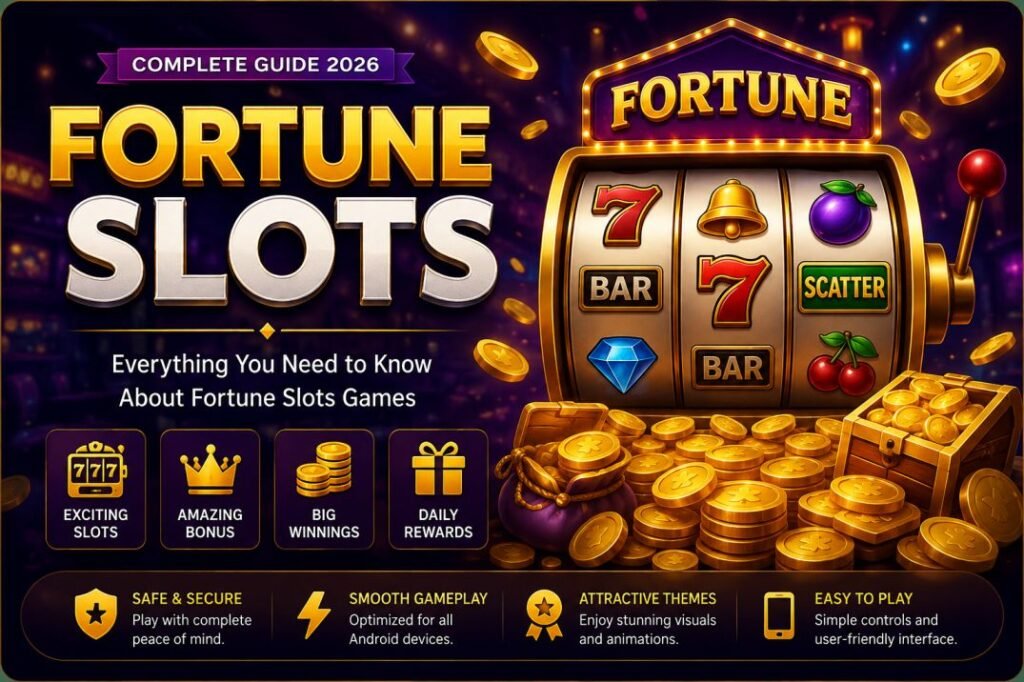 Fortune Slots complete guide for Android users showing slot machine reels, bonus features, symbols, and gameplay overview